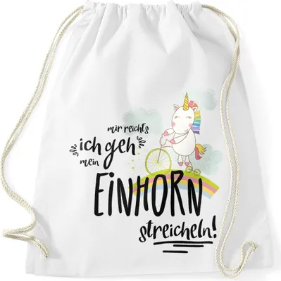 Produktbild von Turnbeutel Einhorn auf Fahrrad "Mir reichts ich geh mein Einhorn streicheln" Spruch Moonworks® weiß-schwarz unisize