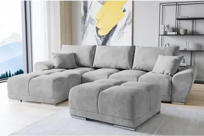 Produktbild von Set Velvet Ecksofa in L-Form 289 x 189 cm + Polsterhocker, Sofa mit Schlaffunktion, Fußhocker, Schlafsofa mit Bettkasten, Sitzpouf Farbe: Hellgrau