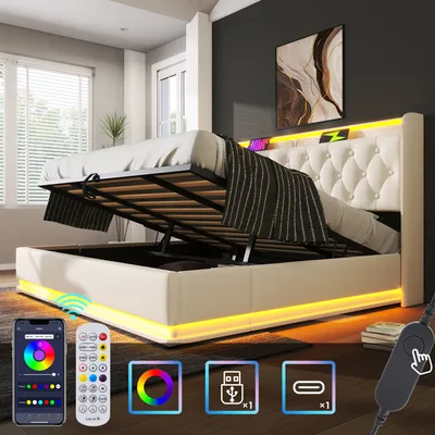 A modern bedroom with a bed featuring a tufted headboard and integrated LED lighting. The bed frame is open, revealing storage space underneath. Several icons and a remote control are displayed in the foreground, indicating features like app control, USB c