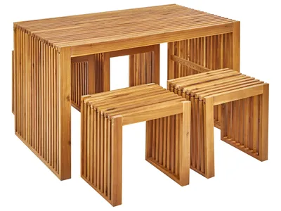Produktbild von BELIANI Gartenmöbel Set Hellbraun Akazienholz 4-Sitzer 5-Teilig Rustikal Modern 1 Tisch mit 4 Hockern Outdoor Terrasse Garten Ausstattung Holzmöbel
