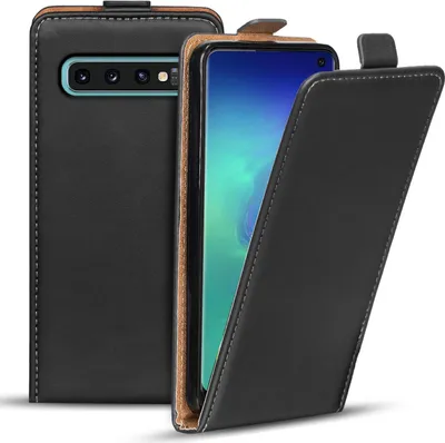 A black flip case for a smartphone is shown with the front cover open, revealing the phone screen.