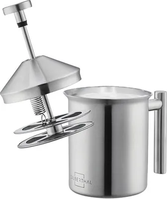Immagine prodotto di Montalatte manuale in acciaio inossidabile - 400 ml - Schiuma di latte perfetta grazie all'efficiente doppio filtro e allo speciale meccanismo a pressione.