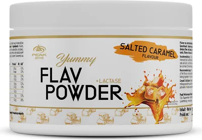 A white tub of flavored powder with caramel splashes and pieces.