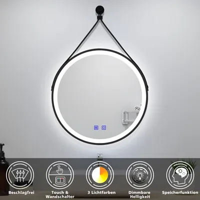 Produktbild von AICA Rund Badspiegel 50cm LED Wandspiegel mit Touch/Wandschalter Beschlagfrei 3 Lichtfarbe+Dimmbar Badezimmerspiegel mit Ledergürtel IP44 Energiesparend