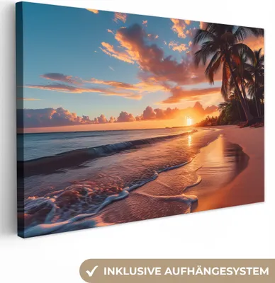 Produktbild von MuchoWow® - Leinwandbilder - Sonnenuntergang - Palmen - Meer - Sonne - Strand, Wandbild, Wanddeko Bilder Wohnzimmer, 30x20 cm