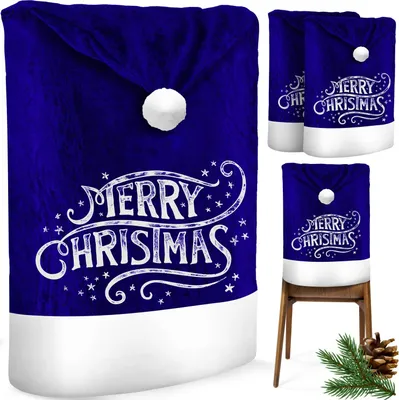 A collage of Christmas chair covers, one shown on a chair, and others displayed individually.