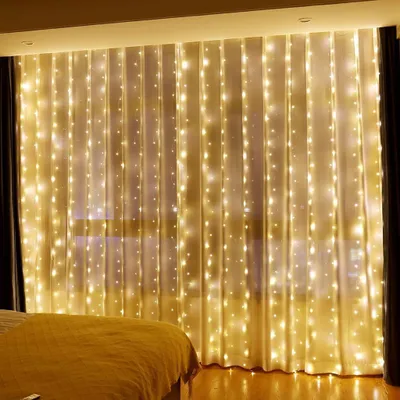 Produktbild von Lichtervorhang 3x3m LED Lichterkette Vorhang, 300 LED in Lichterkette 8 Modi Dimmbar mit Fernbedienung und Timer Fensterbeleuchtung, Lichtervorhang Innen für Valentinstag, Hochzeit, Weihnachtsbaum