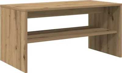 A simple, clean product shot of a wooden TV stand with two shelves against a white background.