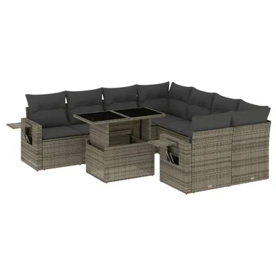 Produktbild von 9-tlg. Garten-Sofagarnitur mit Kissen Grau Poly Rattan