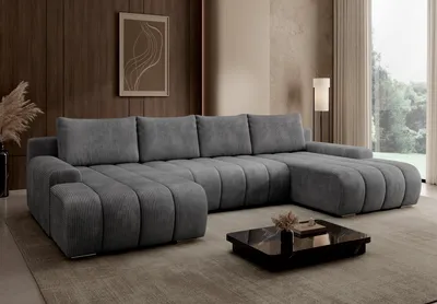 Produktbild von Moebelfest Porto Ecksofa U‑Form – Cordstoff Dunkelgrau – Schlaffunktion und Bettkasten