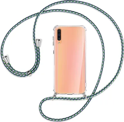 Produktbild von Handykette Backcover-Schutzhülle mit Band (Metall silberfarben) für Samsung Galaxy A50 - grün/blau/weiß