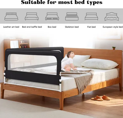 Produktbild von 1x Baby Bettgitter 200x70cm,Rausfallschutz Bettschutzgitter Kinderbettgitter zusammenklappbar um 180 Grad für Kinderbetten, Elternbetten Schwarz