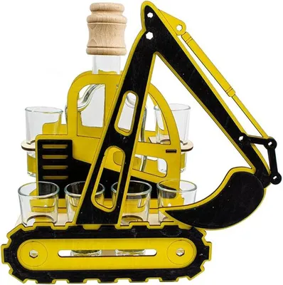 Produktbild von Holz-Bagger mit Karaffe & 6 Gläsern – Geschenk für Bauarbeiter & Bagger-Fans