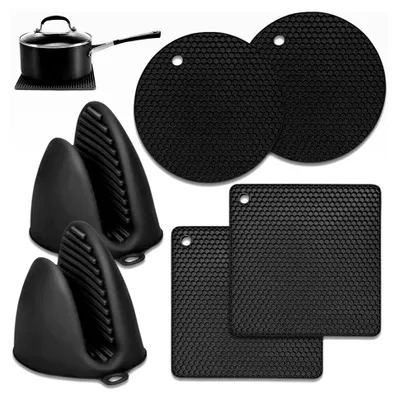 Produktbild von 6er Set Silikon Topfuntersetzer, Hitzebeständig bis 240°C, Rutschfeste Topflappen mit Aufhängeloch, Spülmaschinenfeste Küchenuntersetzer für Töpfe und Pfannen (Schwarz)