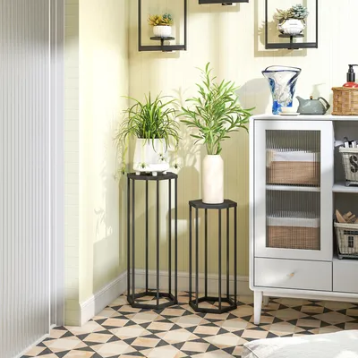 Produktbild von Blumenständer Metall 2er-Set hexagonal, Pflanzenständer Schwarz pulverbeschichtet wetterfest, Blumenhocker | 75 + 60 cm | 4 kg | Innen & Außen