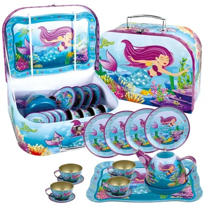 A mermaid-themed tin tea set for children, including a suitcase, teapot, cups, saucers, and plates.