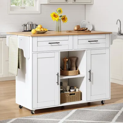 Produktbild von Flieks Mobile Kücheninsel mit klappbarer Arbeitsplatte, Servierwagen mit verstellbaren Regalen und 5 Rollen, Küchenwagen 145x45(70)x94.5cm, Weiß