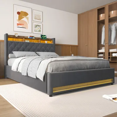 Obrázek produktu pro Čalouněná postel STILVORA 160×200 s podnožkou, úložná postel s pružinovým boxem, s připojením USB a LED osvětlením, funkční postel bez matrace, s úložným prostorem, šedá barva