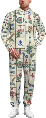 Productafbeelding van Leuke Mahjong trainingsset, uniseks, casual, trainingspak, 2-delige set, joggingpak met capuchon en broek