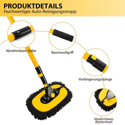 Produktbild von Auto Waschmopp - Teleskop Waschbürste - 15° gebogener Bürstenkopf - 2 Mopköpfe - Für SUV, LKW, Wohnmobil und Fenster
