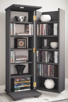 Produktbild von VCM Holz CD DVD Stand Regal | platzsparender CD Schrank mit abschließbarer Holztür für 300 CDs oder 130 DVDs oder 72-Videos | Maße: H. 93 x B. 31 x T. 31 cm | 10 variable Einlegeböden – Engalo L