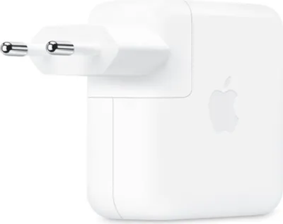 A white Apple USB-C power adapter with European plug pins.