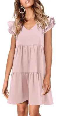 Produktbild von Damenkleid, Babydoll-Kleid, kurzärmelig mit Rüschen, V-Ausschnitt