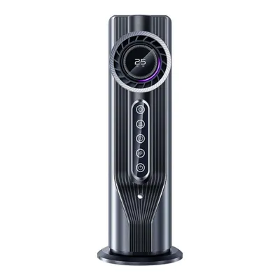 A dark grey tower fan with a digital display and control buttons is shown against a white background.