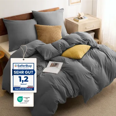 Produktbild von BEDSURE Bettwäsche 135x200 4teilig Anthrazit - 2 Bettbezüge 135x200 cm + 2 Kissenbezüge 80X80 cm,  Bettwäsche-Sets Grau Polyester Mikrofaser mit Reißverschluss