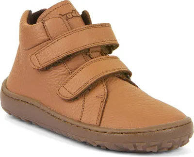 A single brown leather high-top shoe with two velcro straps.