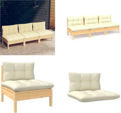 Produktbild von vidaXL 3 Sitzer Gartensofa mit Creme Kissen Massivholz Kiefer - 3-Sitzer-Gartensofa - 3-Sitzer-Gartensofas - Gartensofa - Gartensofas