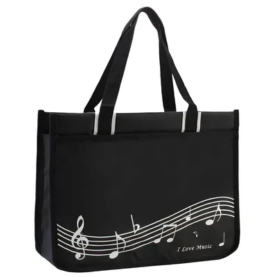 Produktbild von Musik-Design Tragetasche – XL Schultertasche mit Klavier-Notenmuster, Nylon, A4-Format, Schwarz