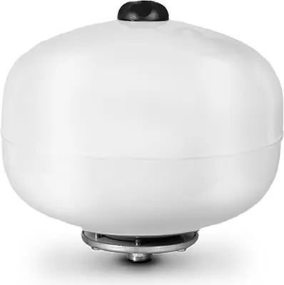 A white expansion vessel with a black cap on a white background.