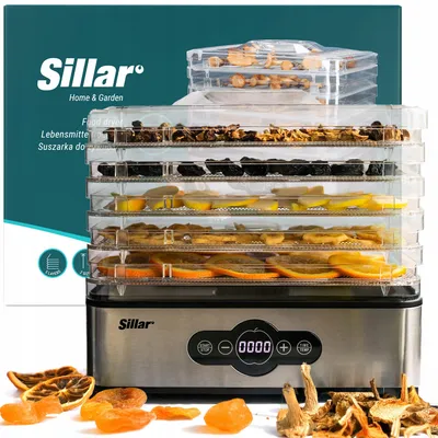 Zdjęcie produktu dla Suszarka do żywności Sillar, 5 półek ze stali nierdzewnej, timer 30 minut - 99 godzin, temperatura 35-70°C