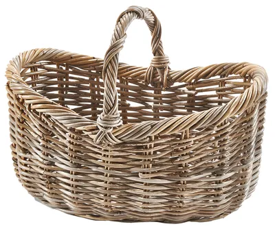 A woven rattan basket with a handle, presented against a white background.