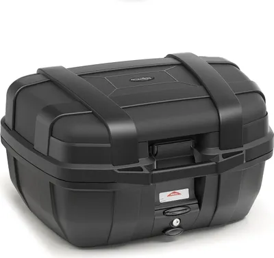 A black motorcycle top case is shown against a white background.