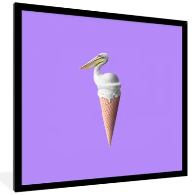 Produktbild von MuchoWow® Gerahmtes Poster Eiscreme - Vogel - Pelikan - Weiß - Eistüte 40x40 cm - Poster mit Schwarzem Bilderrahmen Wandposter Rahmen Foto Bilder - Mit Rahmen - Wanddekoration Schlafzimmer