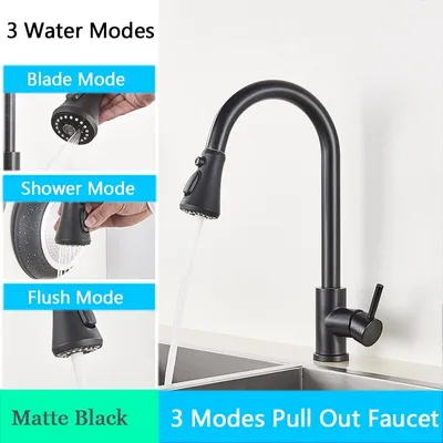 Obrázok produktu pre Linuode Kuchynská zmiešavacia batéria z brúseného niklu s jedným otvorom Pull-Out Spout Drezová zmiešavacia batéria Stream Sprayer Head Chrome/Black Mixer Tap, Black C