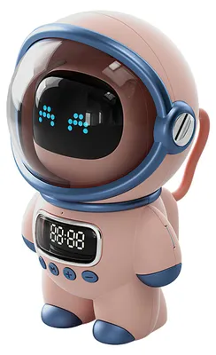 A pink astronaut-shaped alarm clock with a digital display.