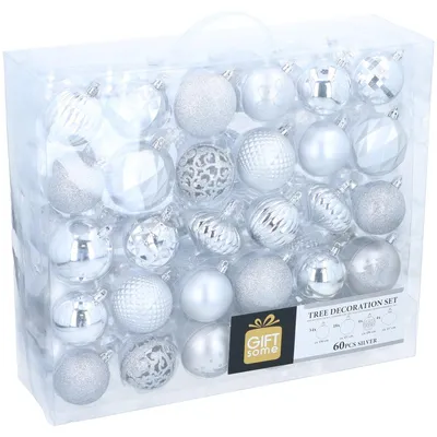 Image de Giftsome 60 Set de boules de Noël Boules de Noël argent - Décoration d'arbre de Noël - Pour l'intérieur et l'extérieur - Ø6/7 cm