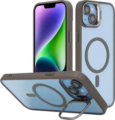 Produktbild von Cadorabo Hülle für Apple iPhone 15 PLUS in GRAU kompatibel mit MagSafe und Standfunktion inkl. Kameralinsen Schutz - Hybrid Schutzhülle mit TPU Silikon-Rand und stabiler Rückseite