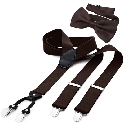 Produktbild von DonDon Herren 3,5 cm breiter Hosenträger in Y-Form elastisch und verstellbar im 2er Set mit farblich passender Fliege 12 x 6 cm Braun