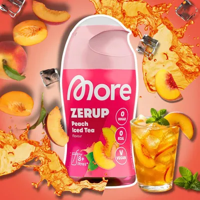 Produktbild von MORE Zerup Zero Sirup Peach Iced Tea Getränkesirup ohne Zucker mit Pfirsichsaftkonzentrat 65 ml