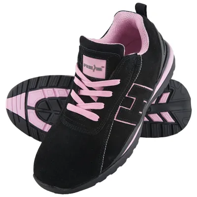 A pair of black and pink work shoes.