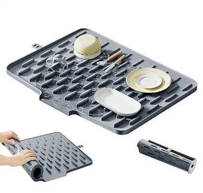 Produktbild von PolkaHome® Silikon Abtropfmatte mit Ablauf, 40 x 30 cm, faltbar, BPA-frei, rutschfest, hitzebeständig (Grau)