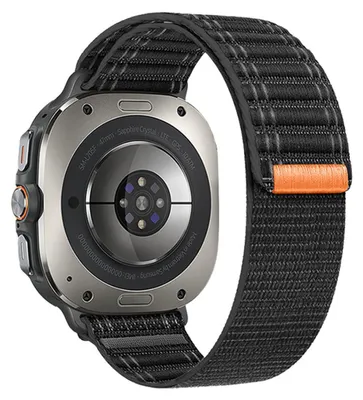 The back of a smartwatch with a black nylon strap.