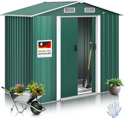 Produktbild von KESSER® XL Metall Gerätehaus 4,2m³ mit Fundament | inkl. Arbeitshandschuhe | 195x131x186cm |  2x Schiebetür & Fundament | Geräteschuppen | Gartenhaus Schrank | Satteldachdach Garten Schuppen