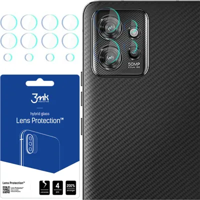 A product image showing packaging for lens protection and a close-up of a phone's camera module with lens protectors applied.