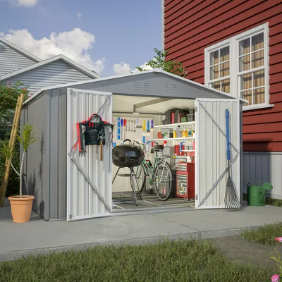 Produktbild von XXXL Metall Gerätehaus mit Fundament Satteldach 300x252x191cm Geräteschuppen Garten Schuppen Pultdach Grau