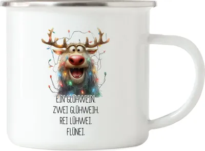 Produktbild von Ein Glühwein Zwei Glühweih Glühwein-Tasse Rentier Julklapp Geschenk Emaille Tasse Weihnachten